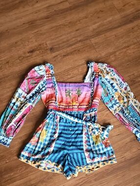 Farm Rio Romper Colorful Boho Romper with Puff Sleeves NWOT Size L